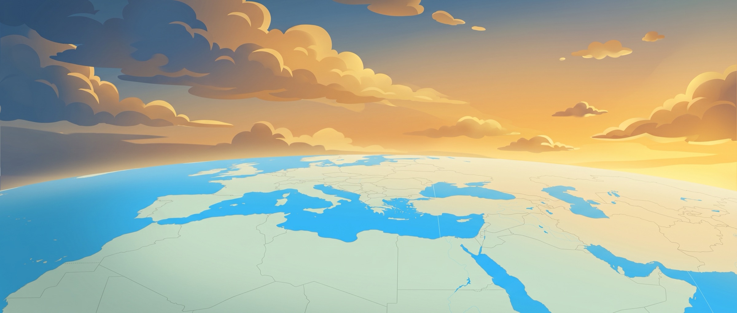 A stylized world curving away toward a golden sunset horizon