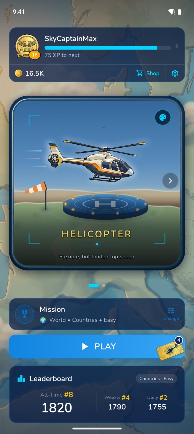 GeoChopper home screen with your helicopter on the launch pad